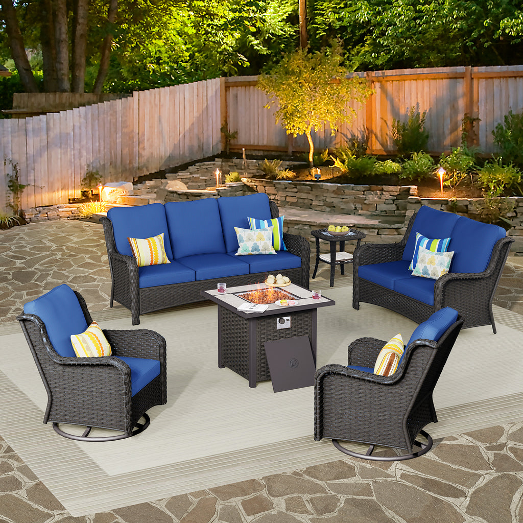 Navy Blue 6 Piece Outdoor Patio Sectional Sofa Set with Fire Pit Table N7790