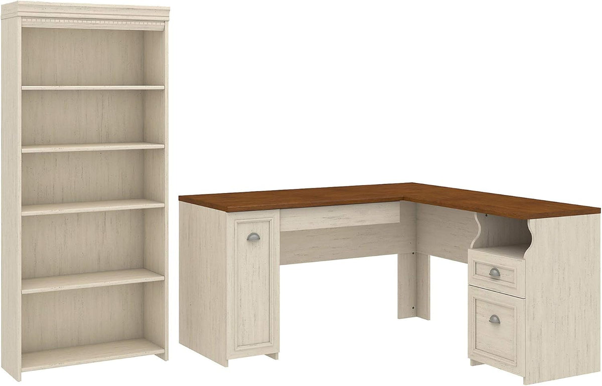 Antique White L Shaped Desk and 5 Shelf Bookcase I867