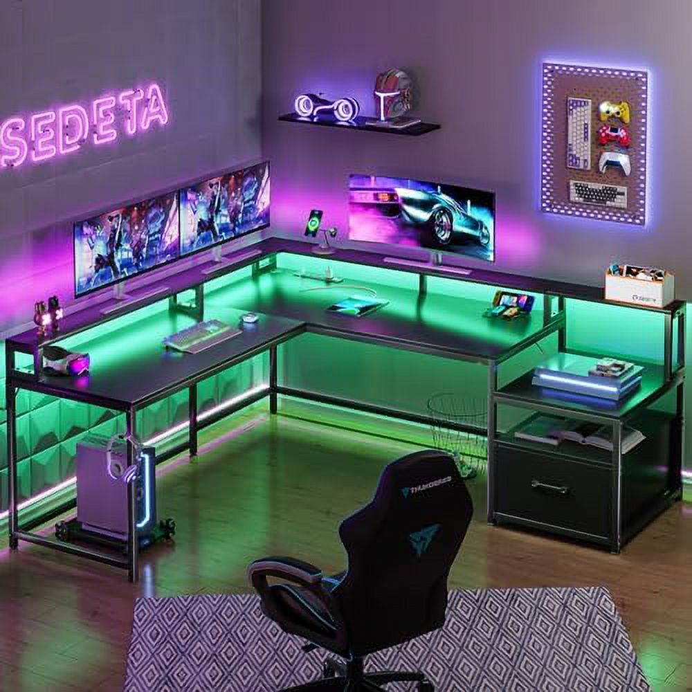 L Shaped Gaming Desk with File Drawer and Power Outlet U14938