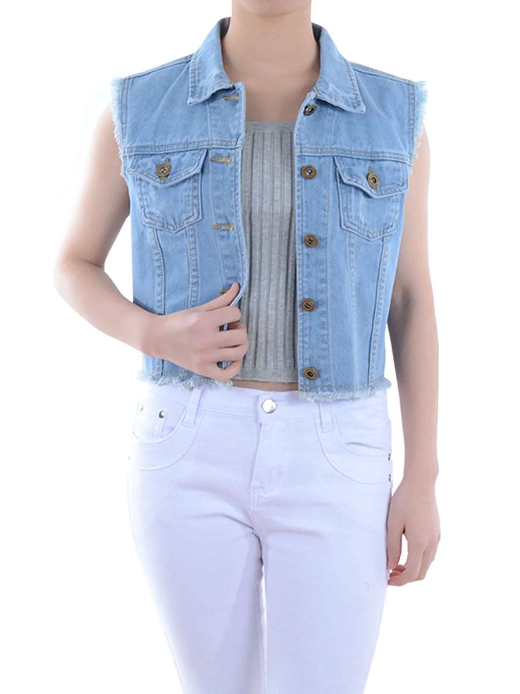 Distressed Denim Button Up Sleeveless Crop Vest P66782