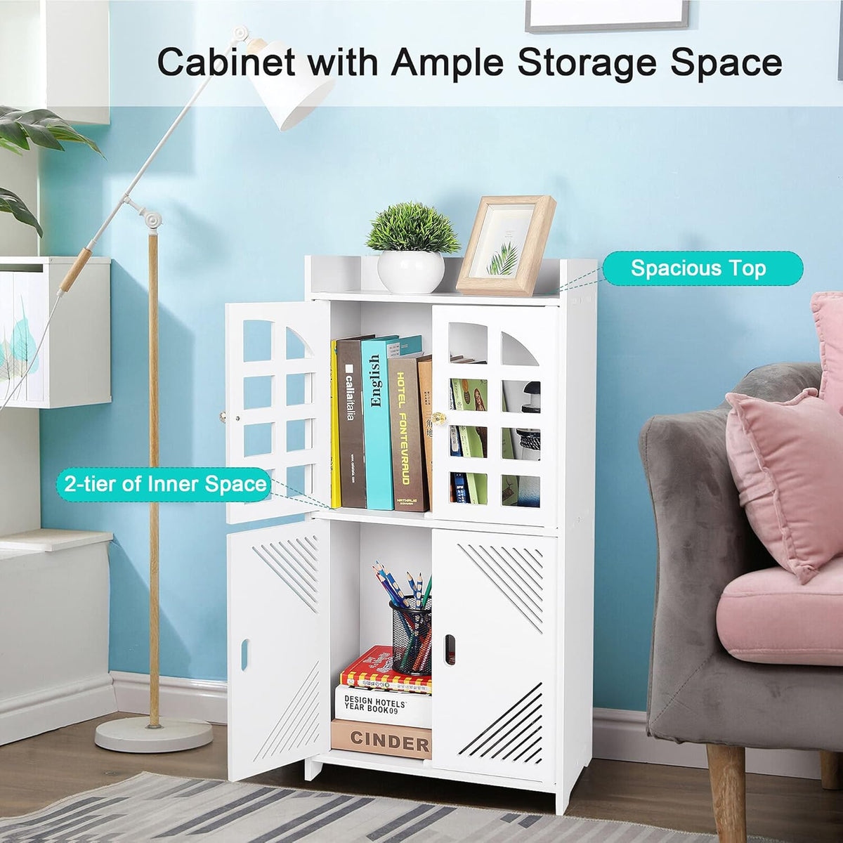 White PVC Double Door Floor Standing Storage Cabinet F196002