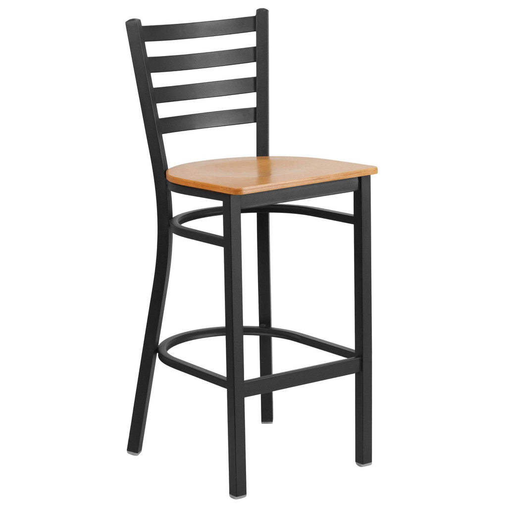 Black Ladder Back Metal Bar Stool with Mahogany Wood Seat Z62529