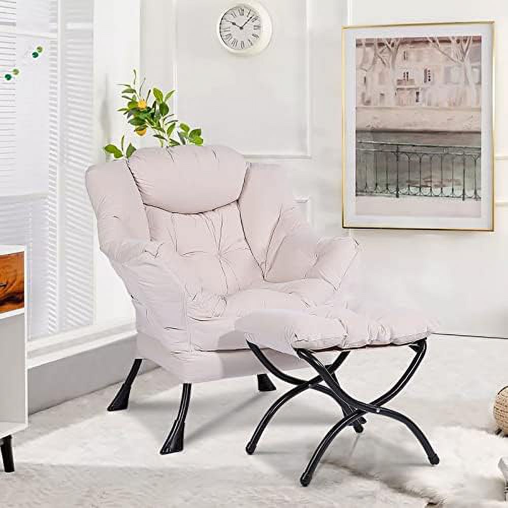 Modern Lazy Chair with Ottoman Steel Frame Lounge Chair Set with Footstool Armrests Side Pocket R25215