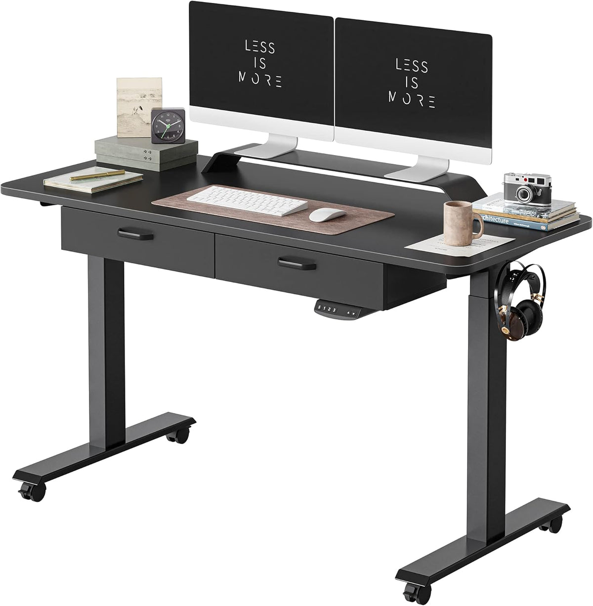 55x 24 Inches Electric Standing Desk with Double Drawer, Black Frame/Fir Brown Top K91272
