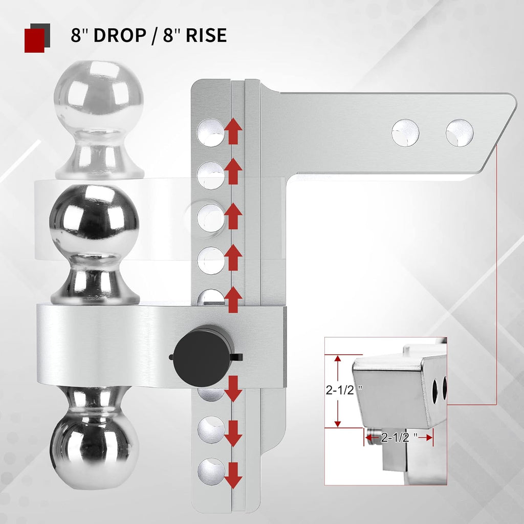 Adjustable Trailer Hitch Ball Mount, 2.5-Inch Receiver, 8-Inch Drop, Forged Aluminum Shank, 2-Inch and 2-5/16-Inch Combo Stainless Steel Tow Balls with Double Pin Key Locks E329307
