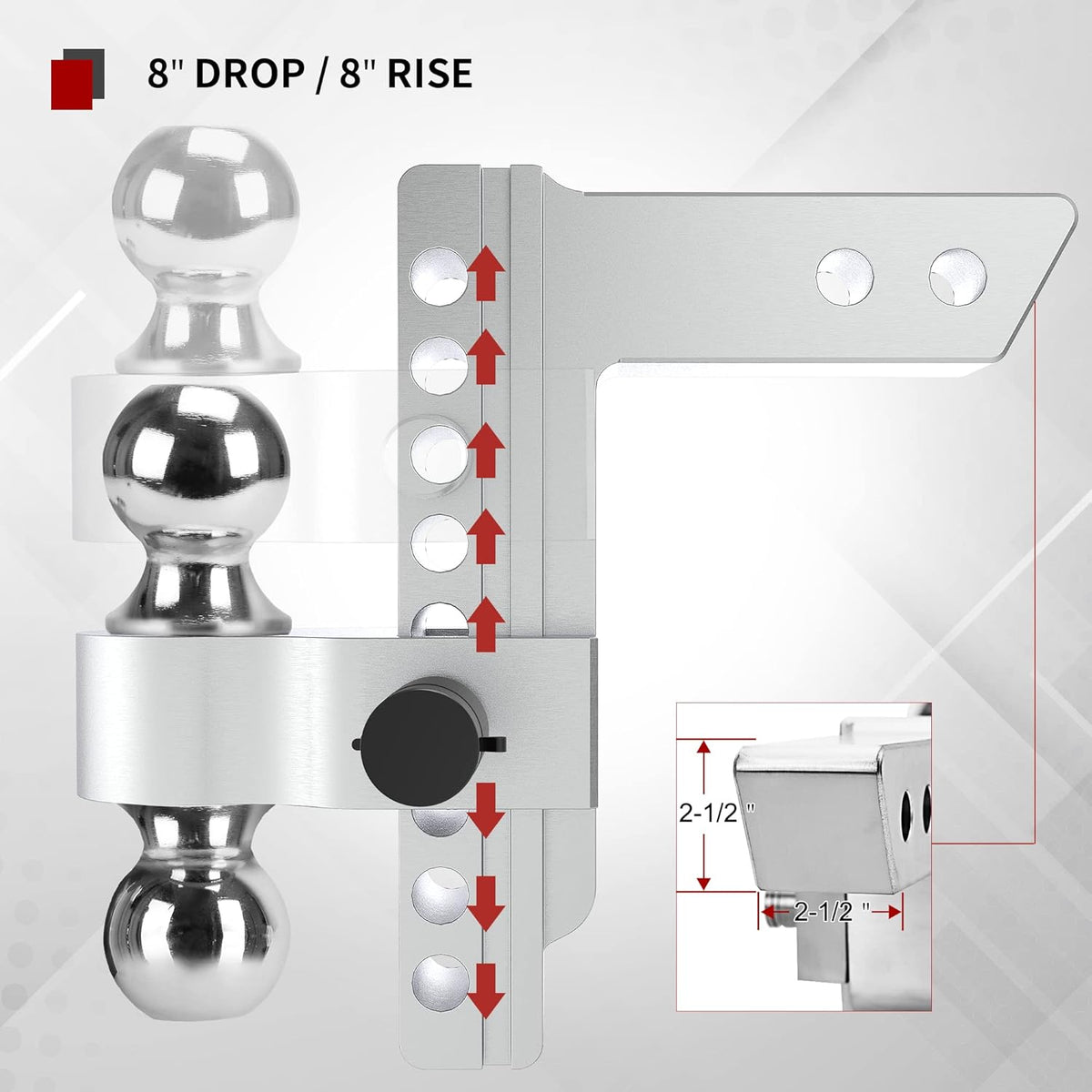 Adjustable Trailer Hitch Ball Mount, 2.5-Inch Receiver, 8-Inch Drop, Forged Aluminum Shank, 2-Inch and 2-5/16-Inch Combo Stainless Steel Tow Balls with Double Pin Key Locks E329307