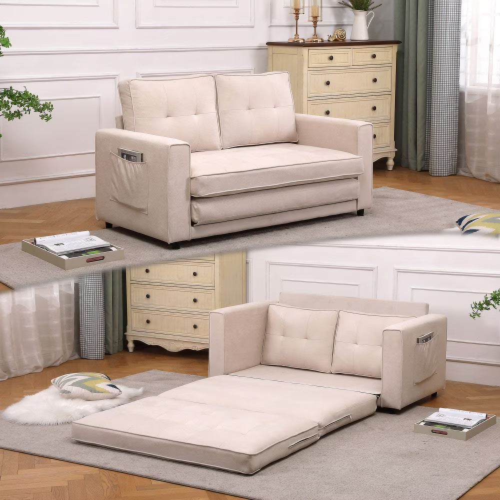 Beige Linen Folding Sofa Bed with Two Storage Pockets U2870