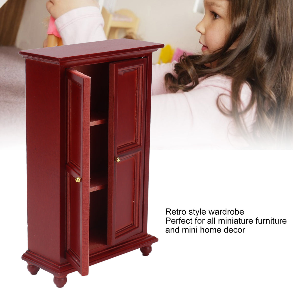 Mini Dollhouse Red Birch Wardrobe Wooden Furniture A928192