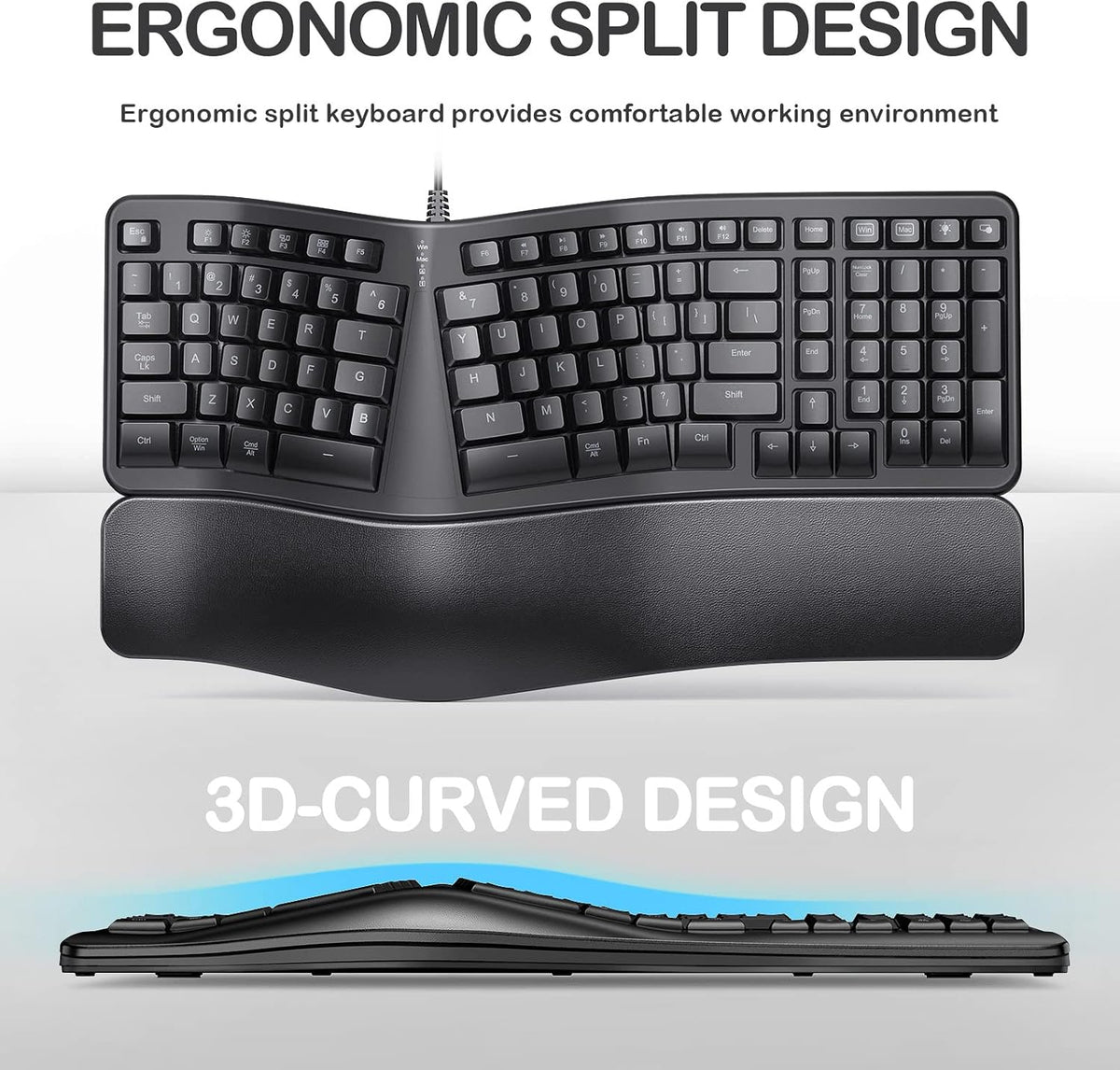 Backlit Wired Ergonomic Split Keyboard with Wrist Rest, 104 Keys E279445