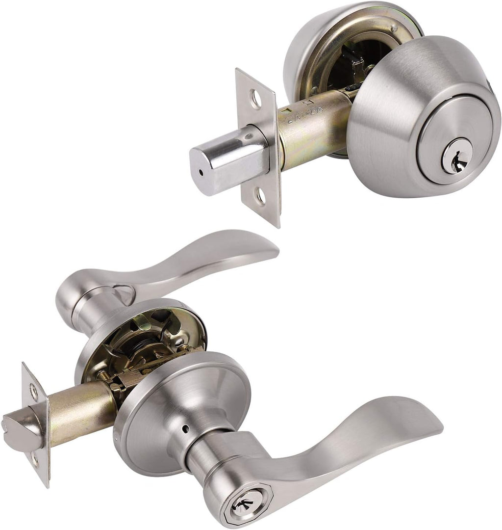 Satin Nickel Entry Door Handle Set with Deadbolt, 2 Pack D3299