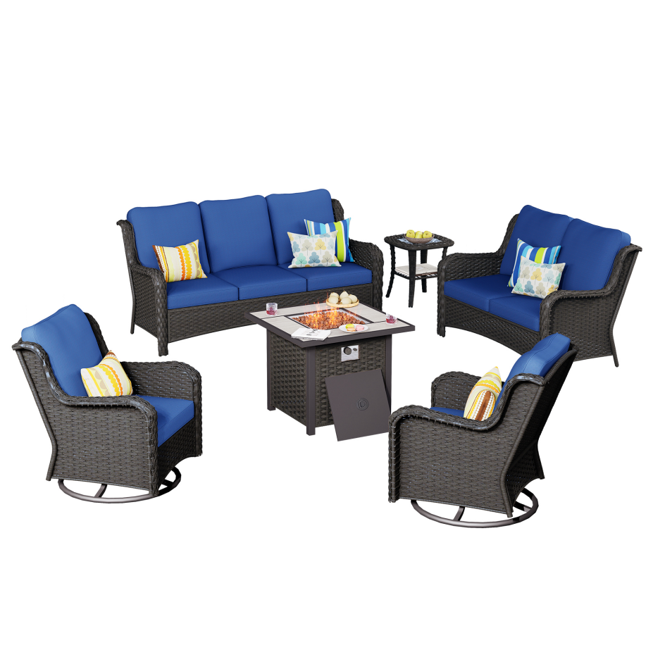 Navy Blue 6 Piece Outdoor Patio Sectional Sofa Set with Fire Pit Table N7790