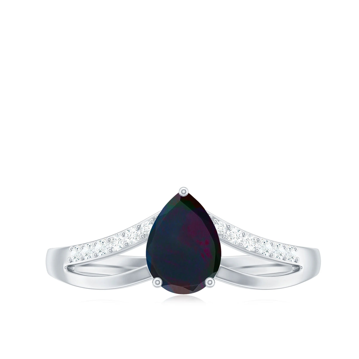 Black Opal Teardrop Ring with Diamond, Split Shank Ring, 14K White Gold Q16954