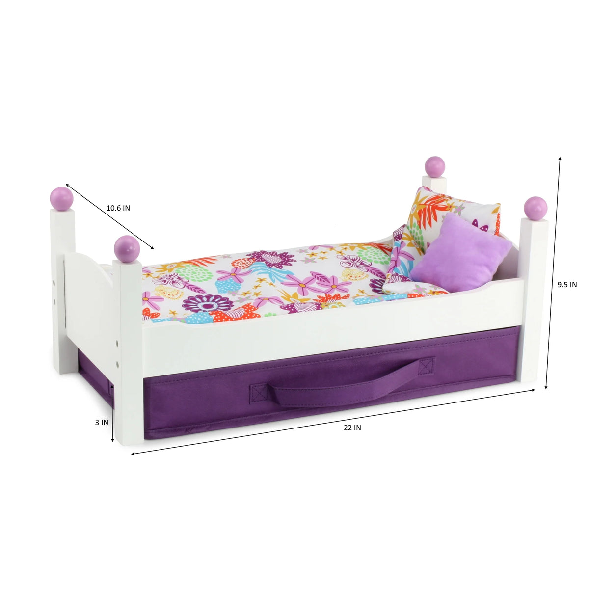 18 Inch Doll Bed with Fabric Storage Bin and Reversible Doll Bedding P970