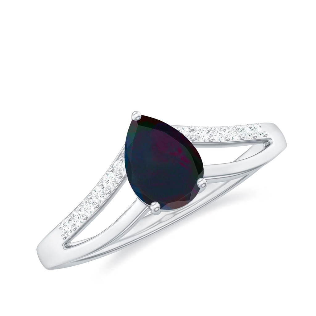 Black Opal Teardrop Ring with Diamond, Split Shank Ring, 14K White Gold Q16954