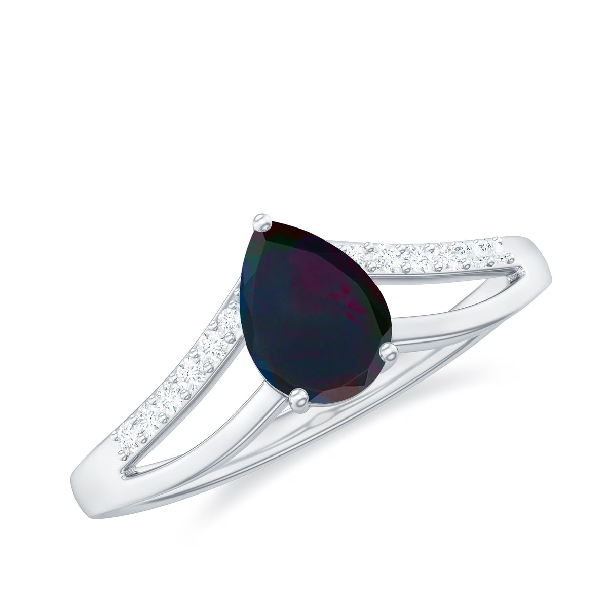 Black Opal Teardrop Ring with Diamond, Split Shank Ring, 14K White Gold Q16954